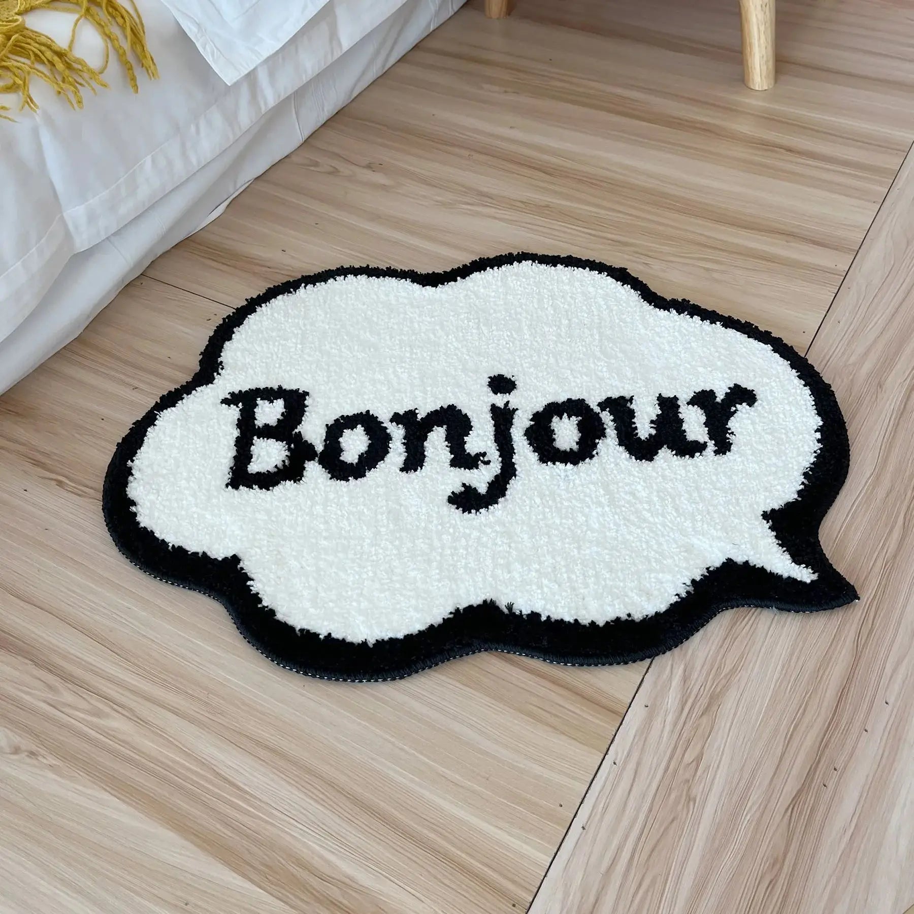 Ihomed Black and White Bonjour Letter Tufted Rug Soft Mat Water Absorbent Non-Slip Ins Hotsell Simple Bathroom Carpet Art Decorations