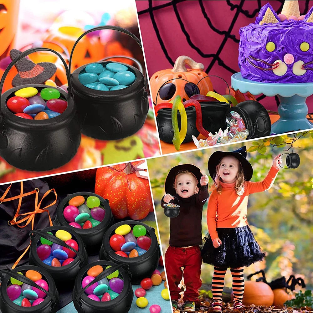 Ihomed Halloween Witch Cauldron Decoration,Mini Black Plastic Witches Cauldron,Halloween Candy Basket,Trick Or Treat Bucket