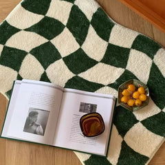 Ihomed Green Checkered Rug for Bedroom Aesthetic Retro Waved Bath Mat Modern Bathroom Door Mat Small Rug Red Checker Living Room Mat