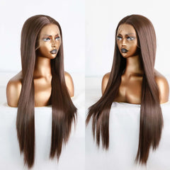 Ihomed Brown Wig Long Straight Synthetic Lace Front Wig Glueless Brunette Hair Dark Chocolate Brown Lace Wigs for Women Party Cosplay