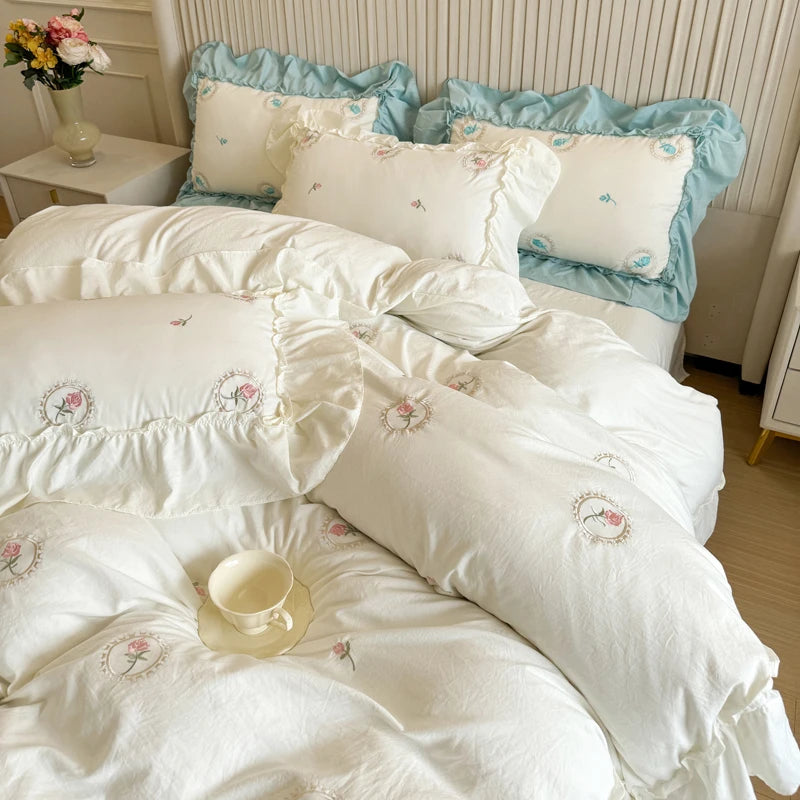 Ihomed Elegant Rose Embroidery Lace Ruffles Bedding Set Skin-friendly Washed Cotton Princess Wedding Duvet Cover Bed Sheet Pillowcases