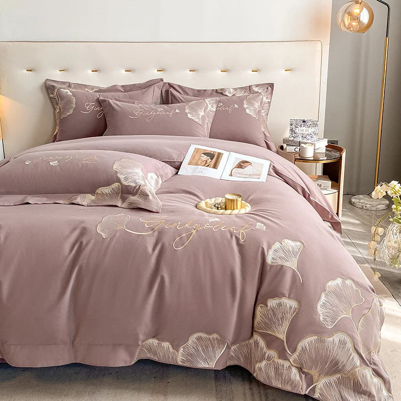 Ihomed Bedding Set with Embroidery, 100% Cotton, Duvet Cover, Bed Sheet, Pillowcase, Ginkgo Leaf Embriodered, Queen, King Home Textile