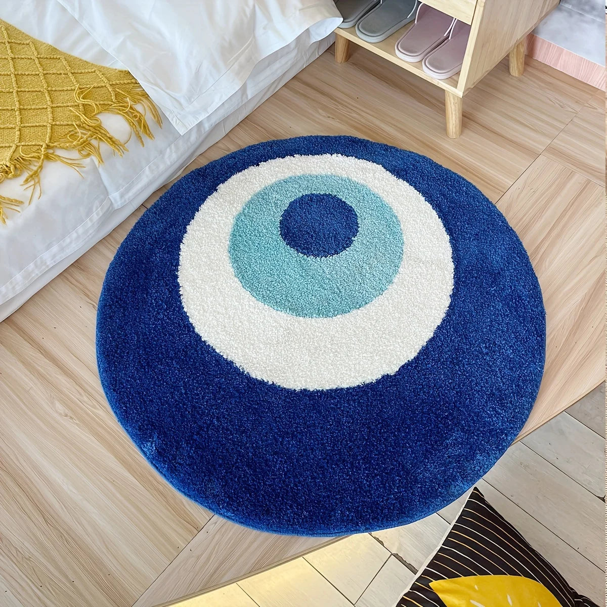 Ihomed Blue Devil Eye Round Rug Plush Material TPR Non-slip Carpet Base Handcrafted Soft Cozy Home Decor