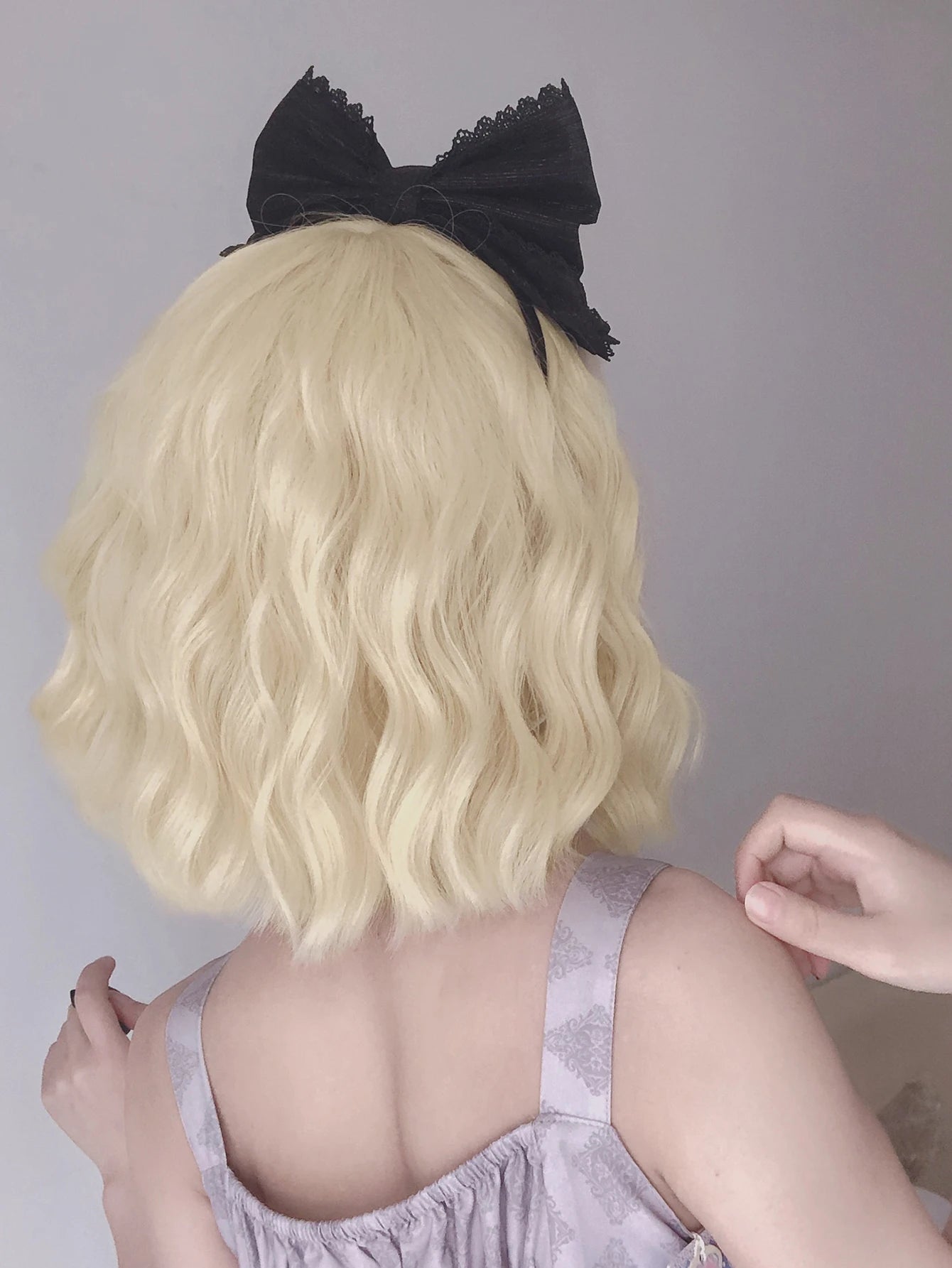 Ihomed 12Inch Blonde Lolita Synthetic Wigs With Bang Short Natural Wavy Hair Wig For Women Daily Use Cosplay Drag Party Heat Resistant