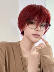 Ihomed 8Inch Wine Red Color Handsome Synthetic Wigs With Bang Short Straight Hair Wig For Man or Women Daily Use Cosplay Heat Resistant