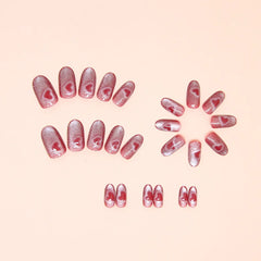 Ihomed 24pcs Sweet Love False Nails Crystal Cat Eye Shiny Press on nails Full Cover Wearable Fashion Rose Pink Round Head Fake nails