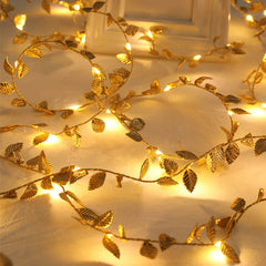 Ihomed Flower Christmas Gold Leaf String Lights Artificial Vine Fairy Lights Battery Powered Christmas Tree Garland Light for Weeding Home Decor