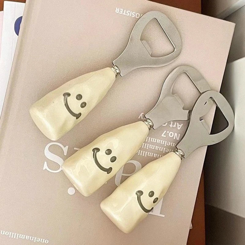 Ihomed Cute Beer Bottle Opener Smiling Face Ceramic Handle Stand Up Bottle Openers Creative Stainless Steel Cap Kitchen Acceesories