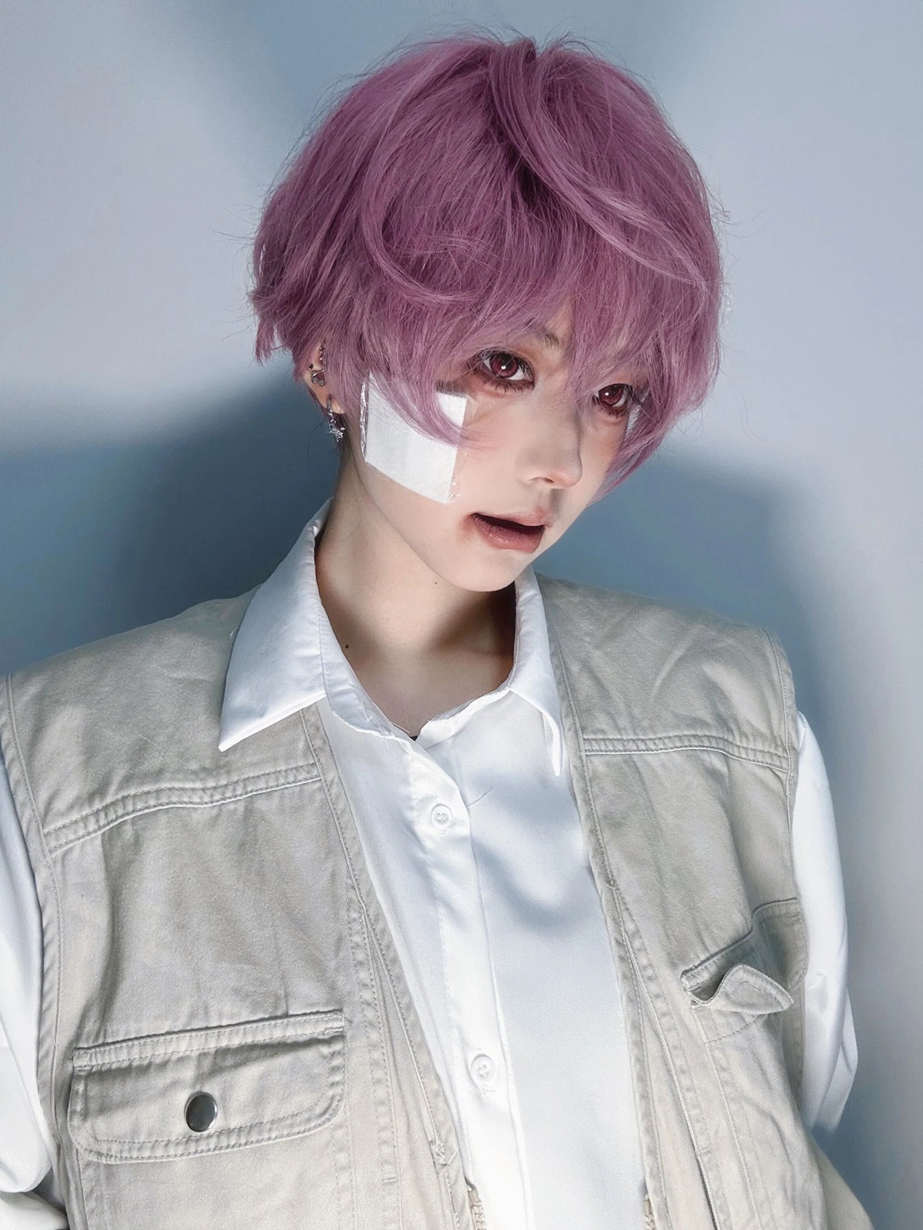 Ihomed 8Inch Purple Pink Color Handsome Synthetic Wigs With Bang Short Straight Hair Wig For Man or Women Daily Cosplay Heat Resistant