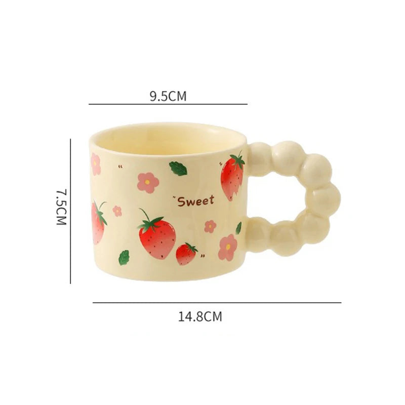 Ihomed Ceramic Coffee cup Japanese style Water mug Cute Fruit pattern Milk Tea Cup with Anti-slip handle Coffee Cup girl Birthday Gift