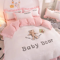 Ihomed Cartoon Bear Kids Bedding Set Washed Cotton Flat Sheet Lace Quilt Cover Kawaii Bedclothes Decor Home Textiles