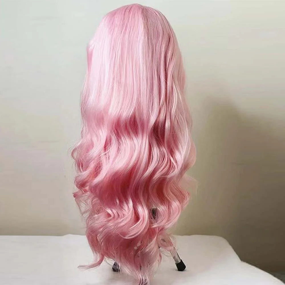 Ihomed Light Pastel Pink Lace Front Synthetic Frontal Wigs for Women Long Wavy Loose Wave Curly Hair Wig Daily Party Cosplay