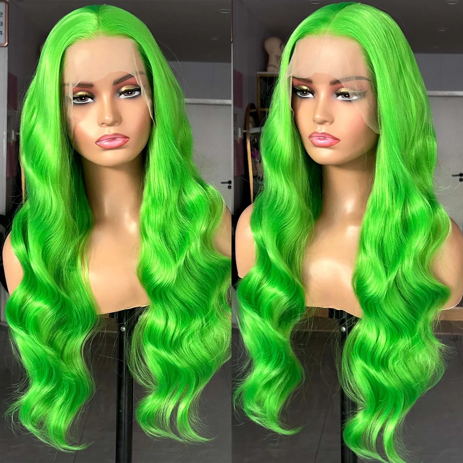 Ihomed Long Curly Wavy Neon Green 13x4 Lace Front Wigs for Women Synthetic Hair Loose Body Wave Frontal Cosplay Party Colored Wigs