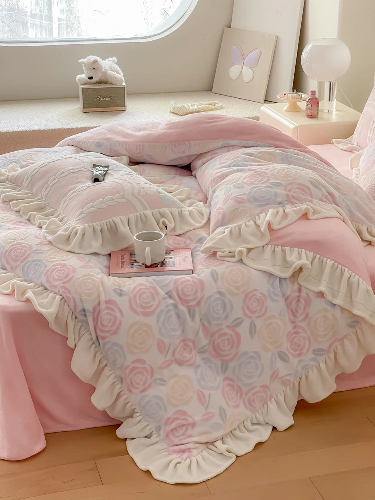 Ihomed New Winter Rose Velvet Bedding Set Romantic Lace Ruffles Comforter Sets Fluffy Milk Velvet Duvet Cover Set Eldense Bed Sheet