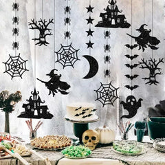 Ihomed 6pcs Halloween Hanging Banner Garland Scary Spider Witch Ghost Bat Pendant Ornament Happy Halloween Party Decorations for Home