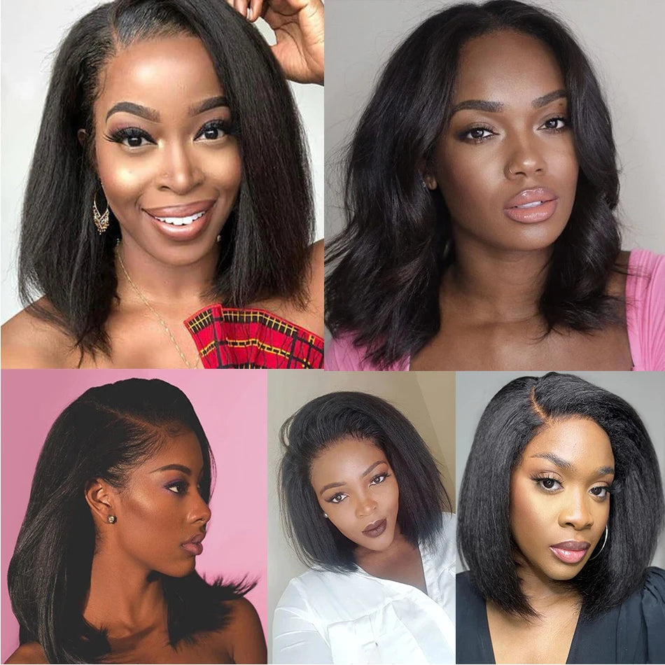 Ihomed 12A Glueless Wigs Kinky Straight Short Bob Wigs 13x4 HD Transparent Lace Frontal Wigs Human Hair Brazilian Yaki Straight Bob Wig