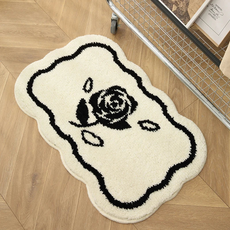 Ihomed Tufting Flower Bathroom Mat Black White Bedroom Doormat Bathmat Rug Fluffy Carpet Floor Pad Aesthetic Home Room Decor