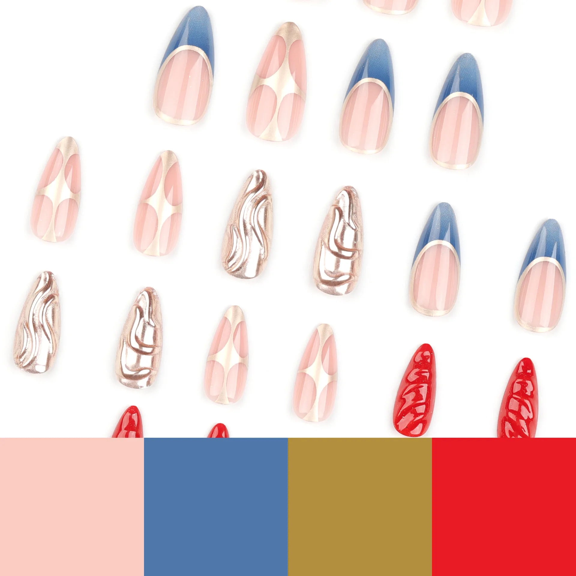 Ihomed 24pcs Heavy Metal Press on Nails 3D Red Gold Wave Design Y2k Almond False Nails Patch Ins Punk Style Fake Nails Tips for Girls