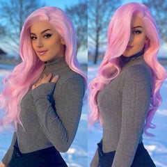 Ihomed Long Wavy Hair Light Pink Synthetic Lace Front Wig Natural Loose Body Wave Frontal Pastel Pink Colored 13X4 Curly Wigs for Women