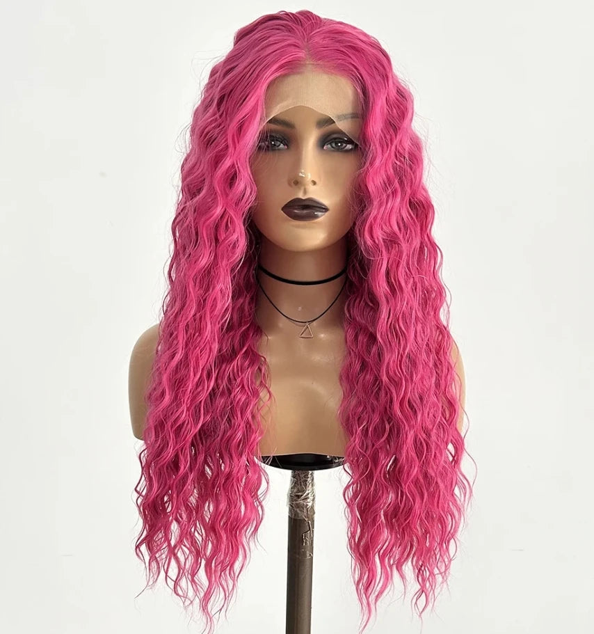 Ihomed Hot Pink Wig Deep Wave Synthetic Lace Front Wig Glueless Natural Hairline Rose Red Long Curly Hair Lace Frontal Wigs for Women