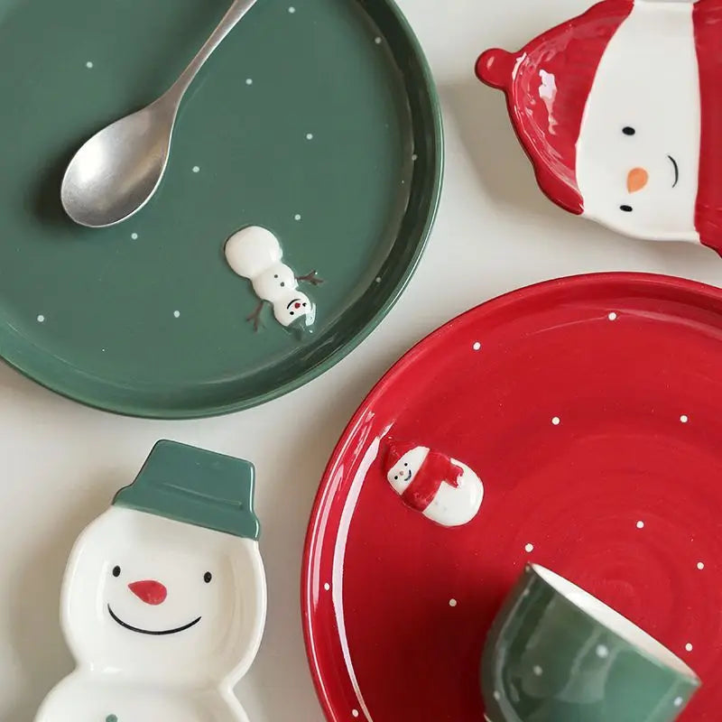 Ihomed Hand Painted Christmas Tableware Ceramic Dinner Plate Cute Cartoon Snowman Plate Dim Sum Breakfast Plates Kitchen Acceesories