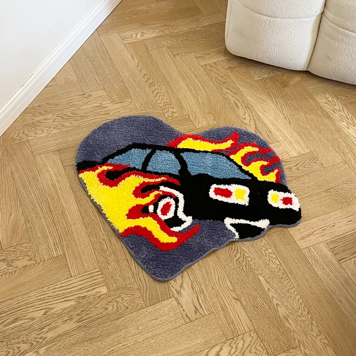 Ihomed Handsome Flame Car Flocking Rug Washable Fluffy Geometric Living Area Kitchen Carpet Pad Anti-slip Rug Home Room Tidy Doormat