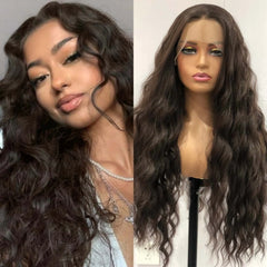 Ihomed Dark Brown Long Curly Wavy Wig Synthetic Lace Front Wig Loose Deep Natural Brunette Colored Hair 13X4 Frontal Wigs for Women