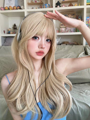 Ihomed 24Inch Blonde Lolita Style Synthetic Wigs With Bangs Long Natural Wavy Hair Wig for Women Daily Use Cosplay Party Heat Resistant