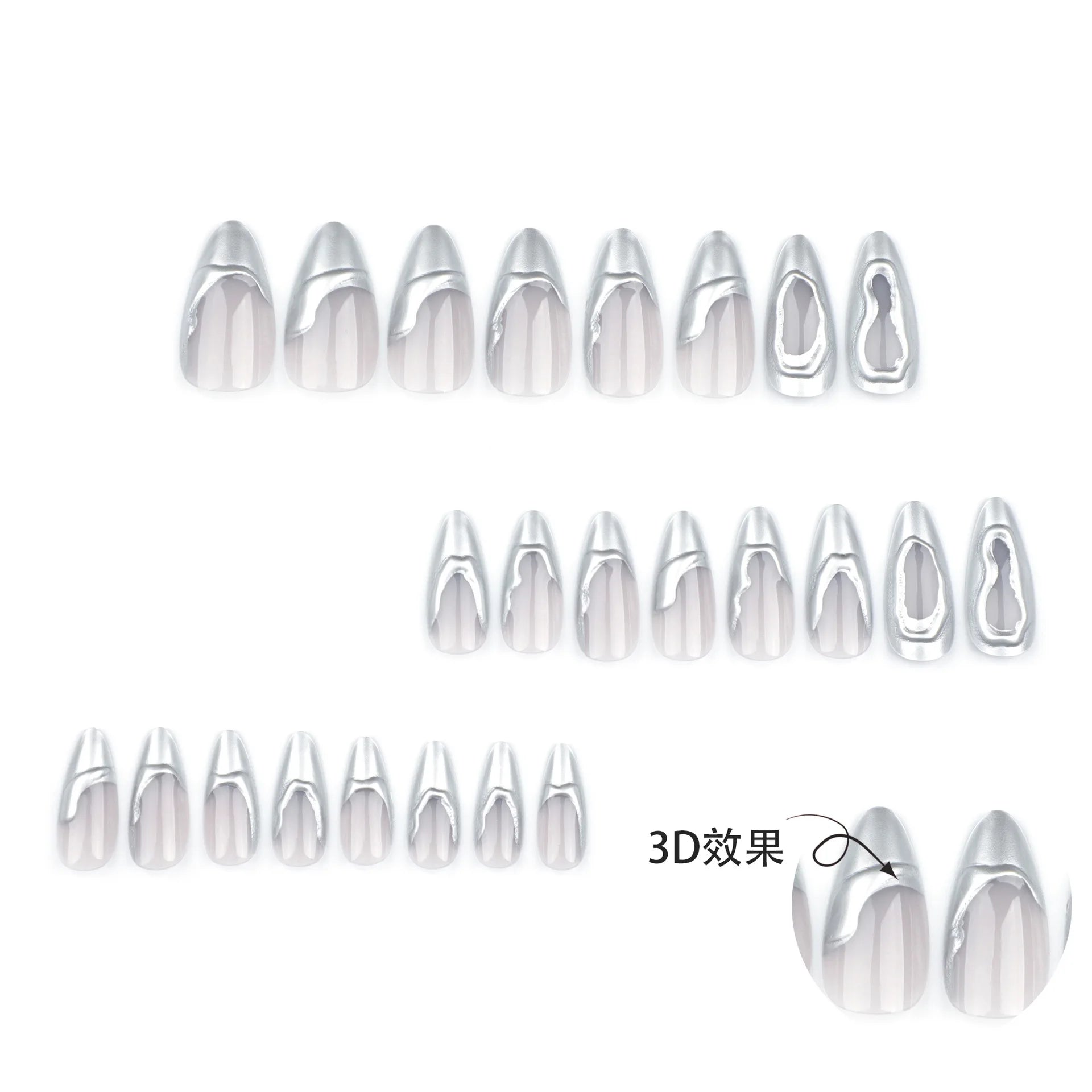 Ihomed 24pcs French Sliver Fake Nails 3D Sliver Mirror Design Almond Press on Nails for Girls Full Cover Wearable Y2k False Nail Tips