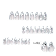 Ihomed 24pcs French Sliver Fake Nails 3D Sliver Mirror Design Almond Press on Nails for Girls Full Cover Wearable Y2k False Nail Tips