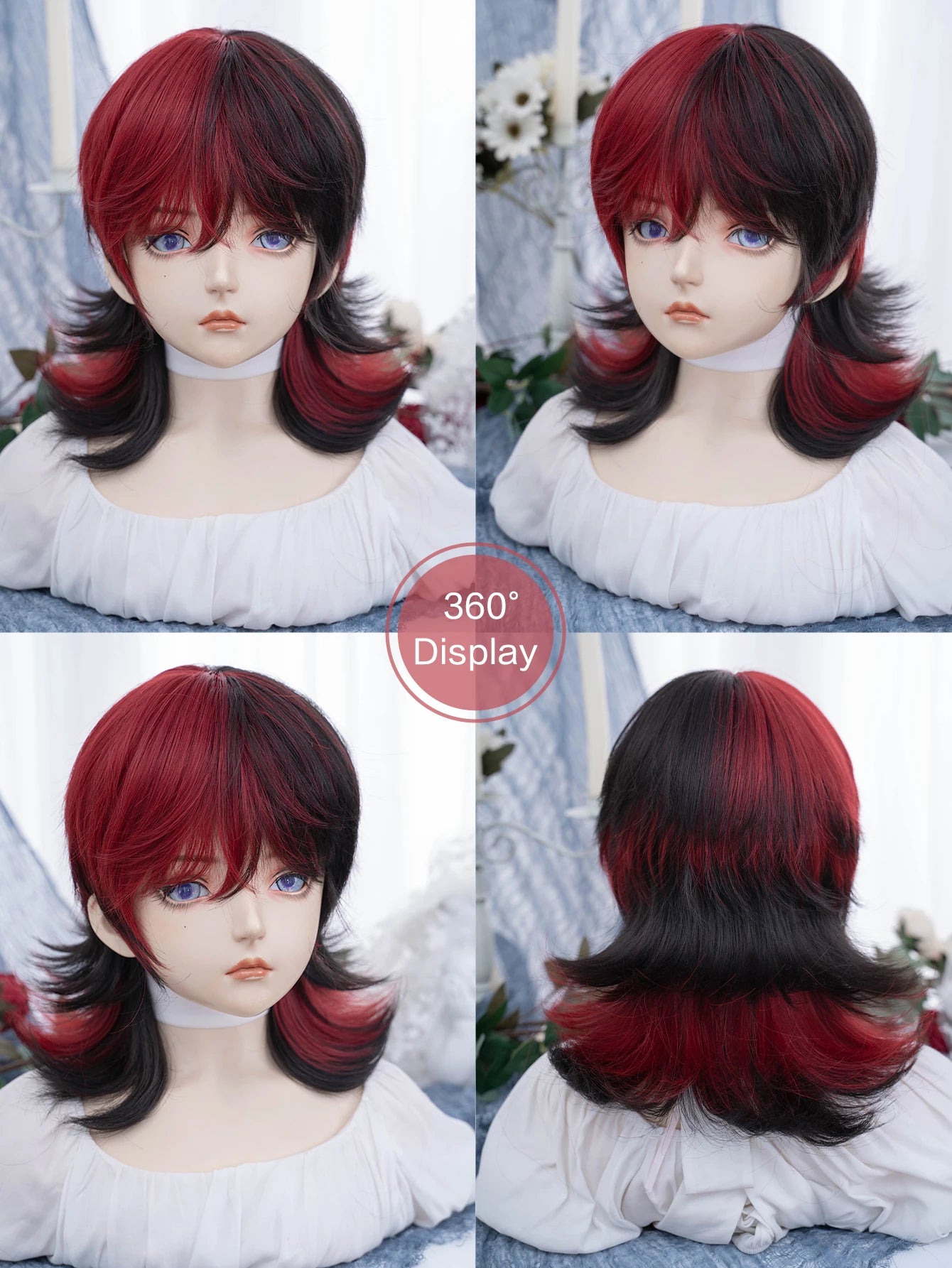 Ihomed 16Inch Handsome Girl Cosplay Black Red Synthetic Wigs With Bangs Medium Natural Wavy Hair Wig for Man or Women Heat Resistant