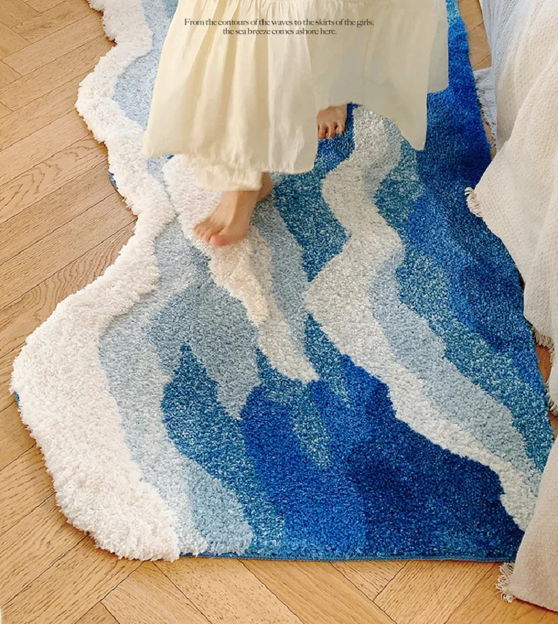 Ihomed Blue Sea Pattern Tufted Rug Flocking Carpet Aesthetic Home Pad Funny Japanese Style Tufting Rug Cute Floor Pad Anti Slip Doormat