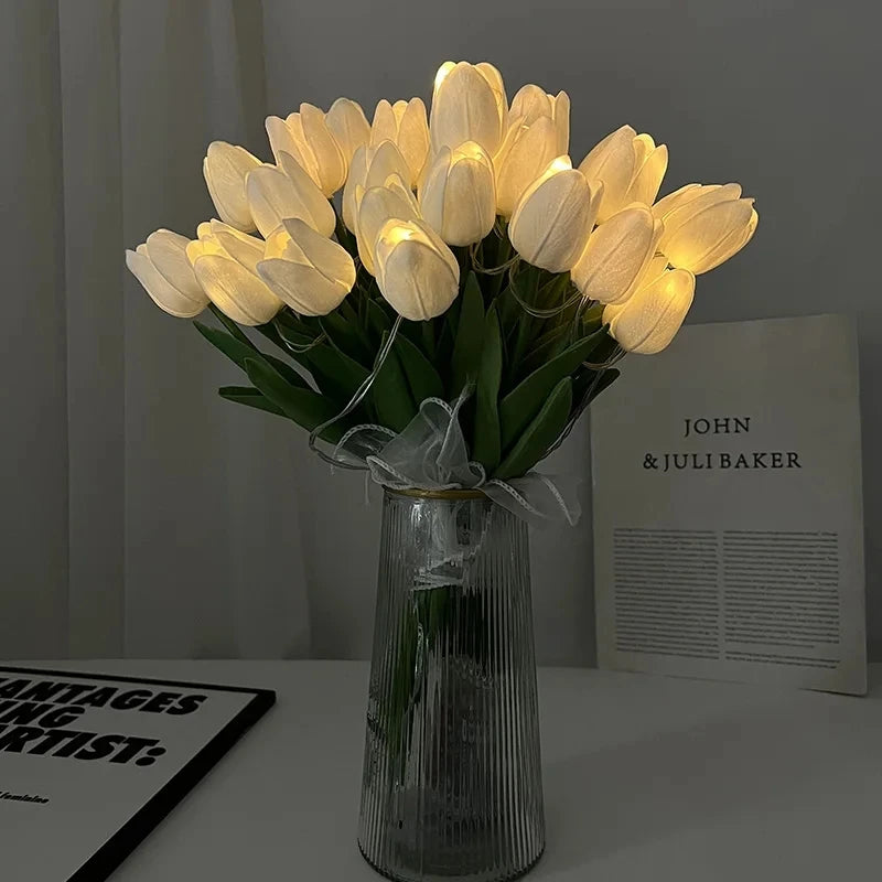 Ihomed 5/10pcs LED Tulips Artificial Flowers PU Tulip Fake Flower Bouquet Night Light for Home Garden Decoration Wedding Birthday Gift