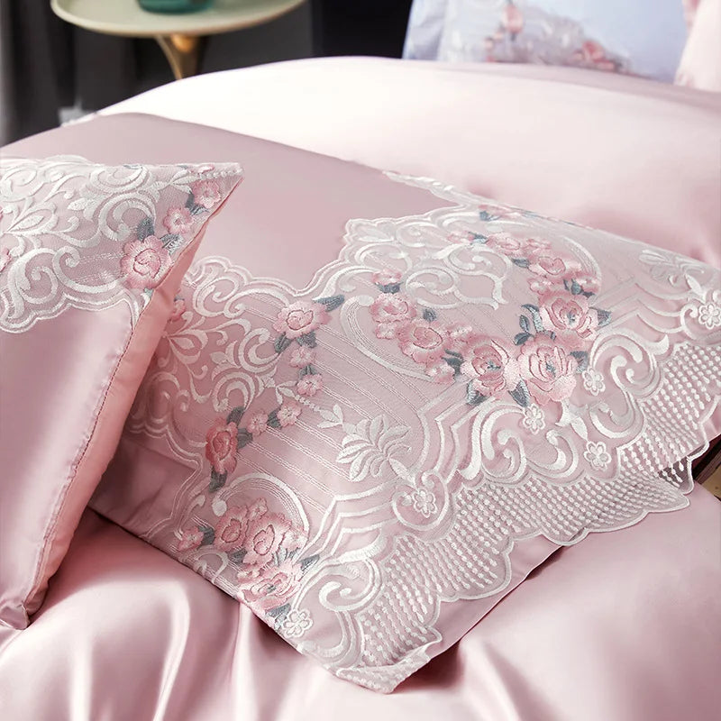 Ihomed High end Hotel Wedding Bedding Set Bed Linen Duvet Cover Set With Embroidery 600 Thread Long Staple Cotton Pink Princess 3/4 PCS