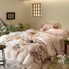 Ihomed Cotton Lyocell Ultra Soft Bedding Set Lace Ruffle Edge Vintage Floral Duvet Cover Bed Sheet Pillowcases Double Queen King 4Pcs