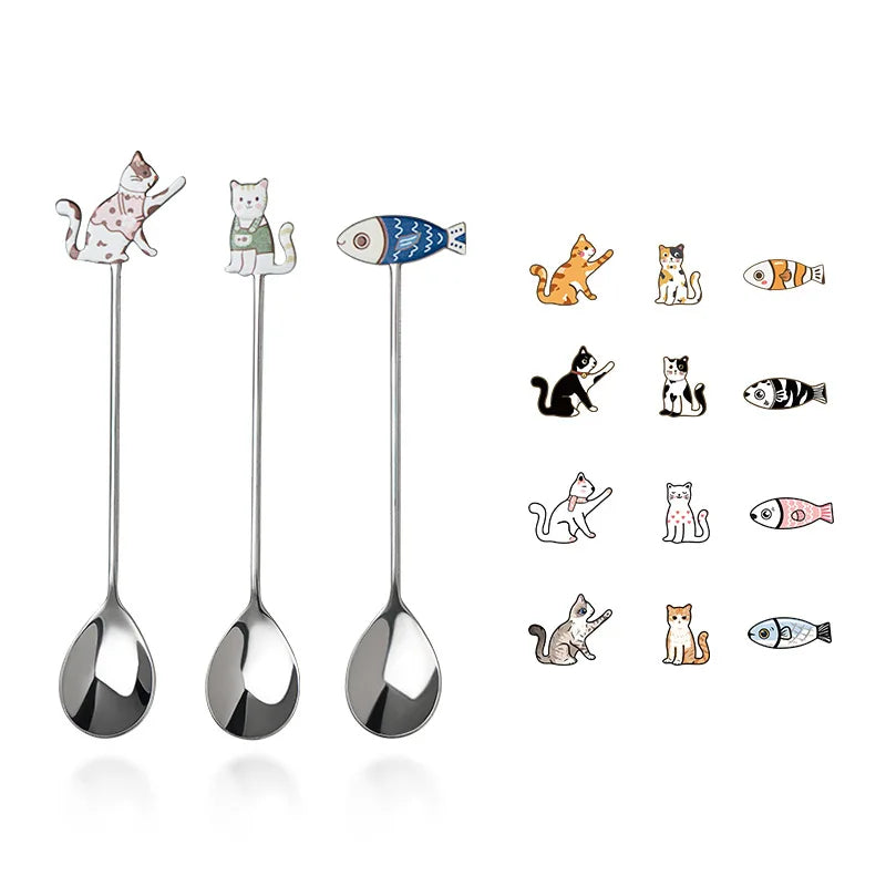 Ihomed Cute Paintings Cat 304 Stainless Steel Spoon Hollow for Coffee Tea Dessert Spoon Kitchen Tableware Gifts for Students Children