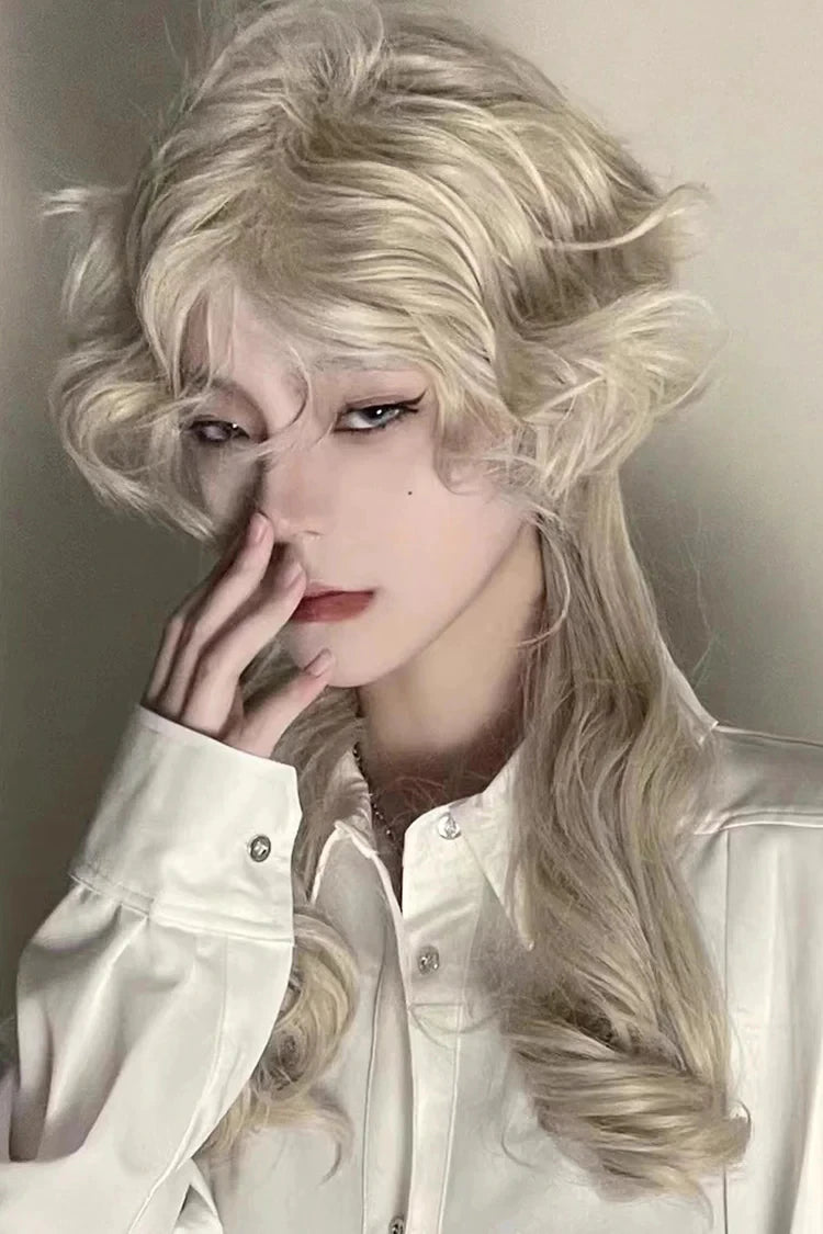 Ihomed Beige Medium Long Curly Hair Retro Ouji Wig with Bangs 18 Inch 13x4 HD Wigs for Women Lolita for Cosplay and Party Use