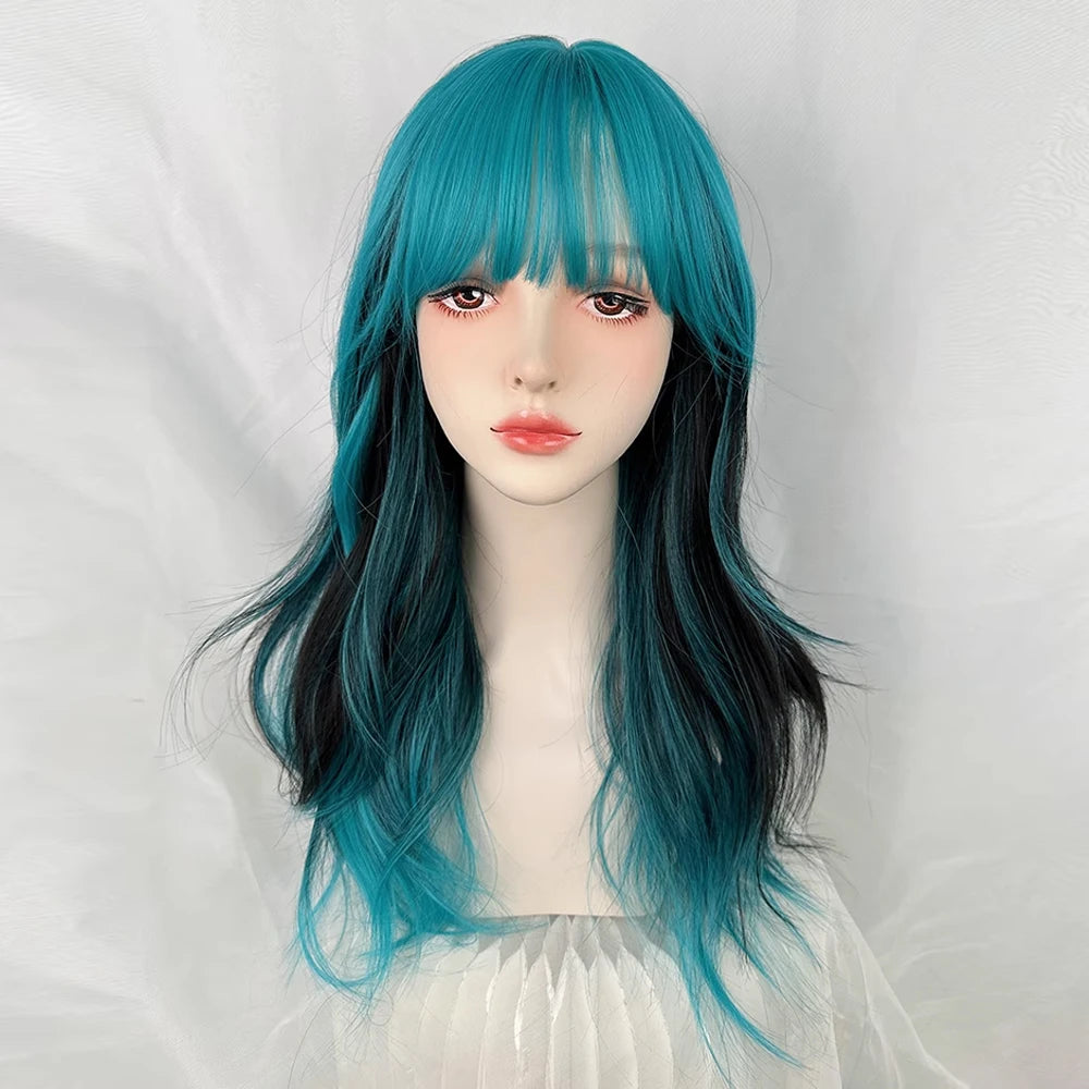 Ihomed Ombre Black Blue Blend Synthetic Long Wavy Wig with Bangs Fluffy Women Lolita Cosplay Hair Wig for Daily Party