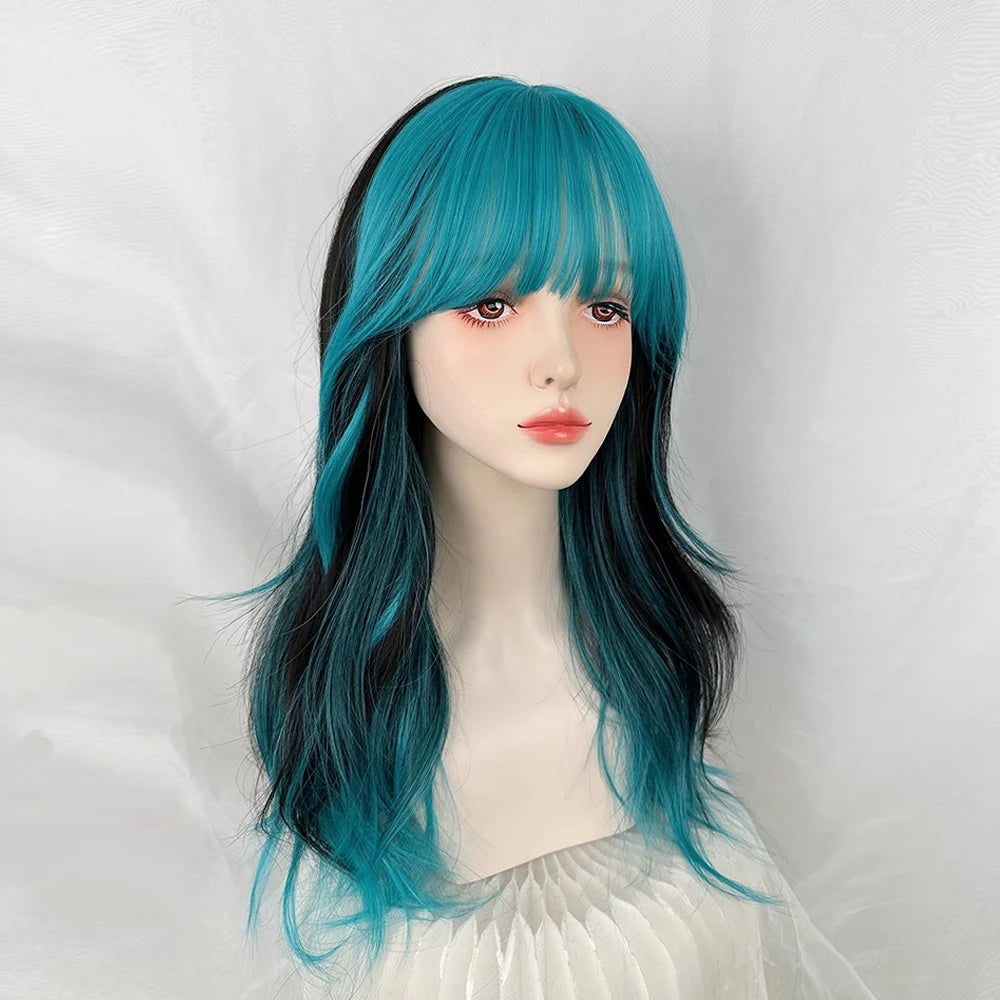 Ihomed Ombre Black Blue Blend Synthetic Long Wavy Wig with Bangs Fluffy Women Lolita Cosplay Hair Wig for Daily Party