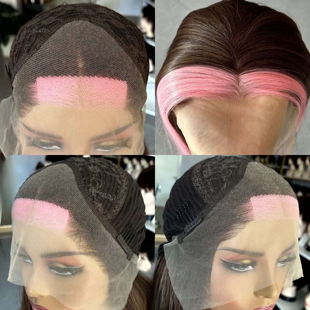 Ihomed Brown Highlight Wig with Pink Streak Long Straight Synthetic Lace Front Wig 13X4 Brunette Colored Hair Frontal Wigs for Women