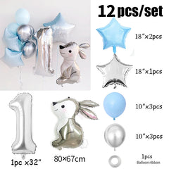 Ihomed 12pcs Silver Number Rabbit Star Foil Balloons 1st Birthday Party Decorations Kids Boy 1 2 3 4 5 6 7 8 9 Year Old Animal Supplies