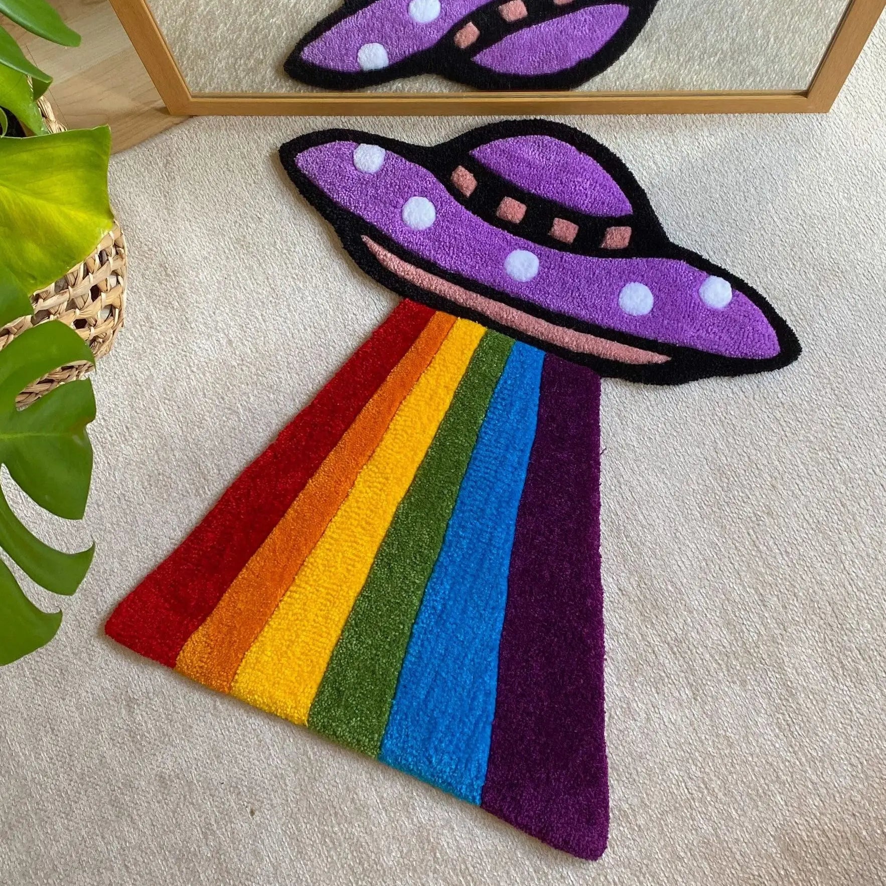 Ihomed Rainbow Soft Flannel Digital Printing Craft UFO Funny Rug Tapestry Decoration Home Cartoon Non-slip Carpet Housewarming Gift