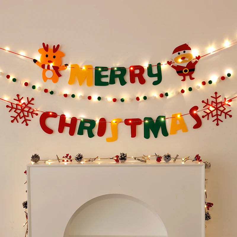 Ihomed DIY Handmade LED String Light Decorated Merry Christmas Holiday Hanging Home Room Background Pull Flag Banner Christmas Pendant