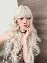 Ihomed 28Inch Blonde Platinum Golden Lolita Synthetic Wigs With Bang Long Wavy Hair Wig for Women Cosplay Daily Use Heat Resistant