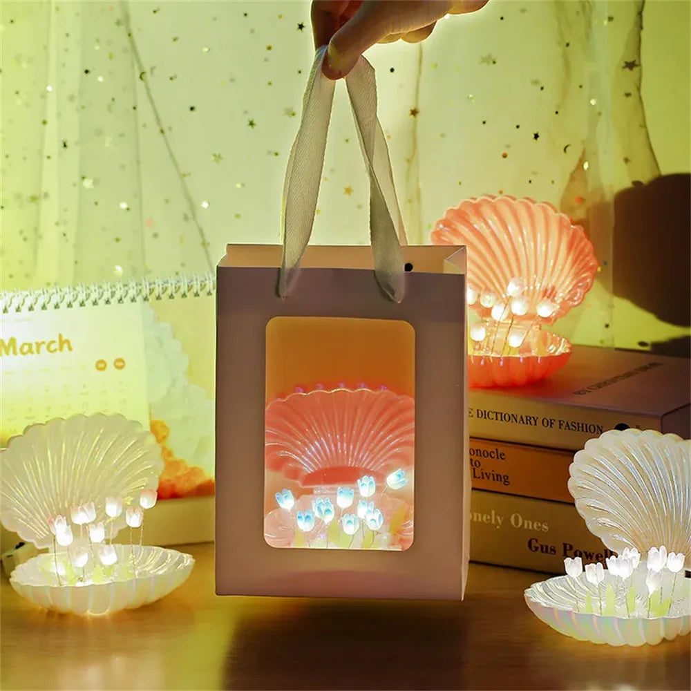 Ihomed Tulip Seashell Nightlight DIY Tulip Night Light Cute Handmade Tulip Flower DIY Bedside Lamp for Birthday Christmas Gift Romantic