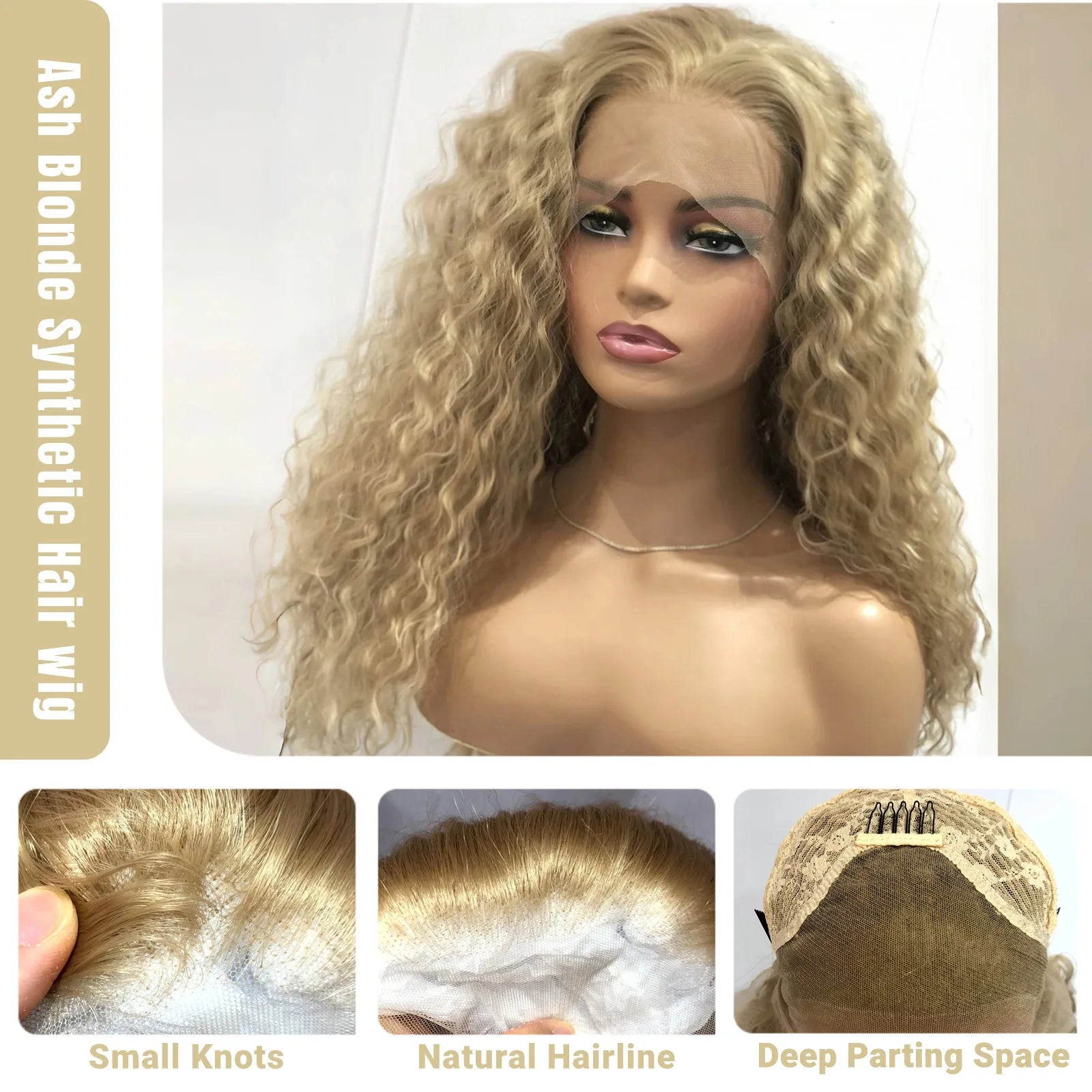 Ihomed Ash Blonde Wig Long Blonde Curly Wig Synthetic Lace Front Wig Glueless Wigs Ready to Wear Water Wave Curly Lace Wigs for Women