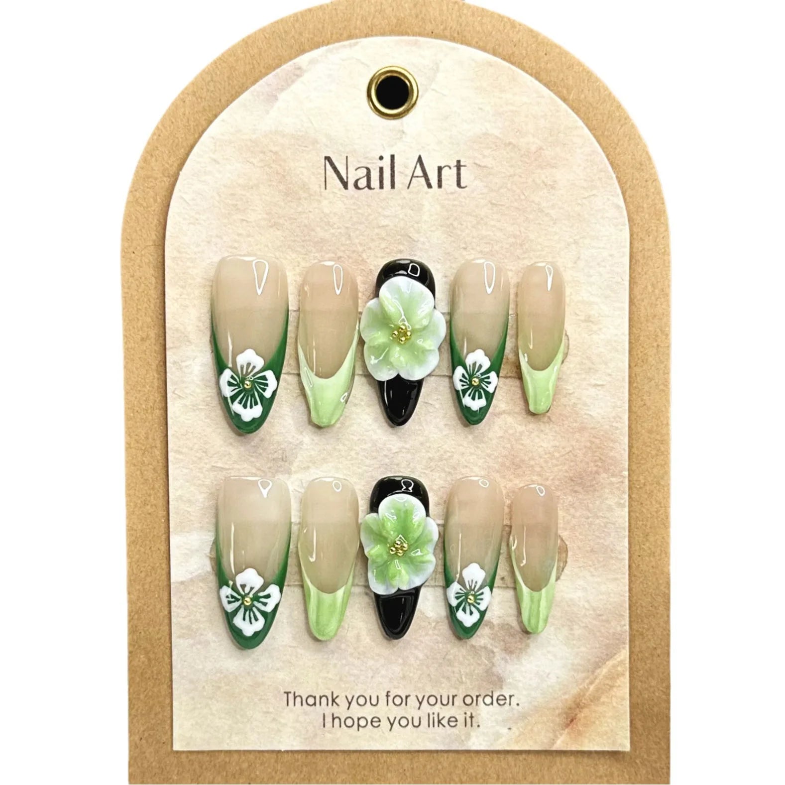 Ihomed 10pcs Handmade Press on Nails Green Flower hand-painted Design False Nail Full Cover Wearable INS French Almond Fake Nail Tips