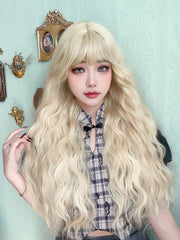 Ihomed 28Inch Light Blonde Color Synthetic Wigs with Bangs Long Natural Curly Hair Wig for Women Daily Use Cosplay Heat Resistant