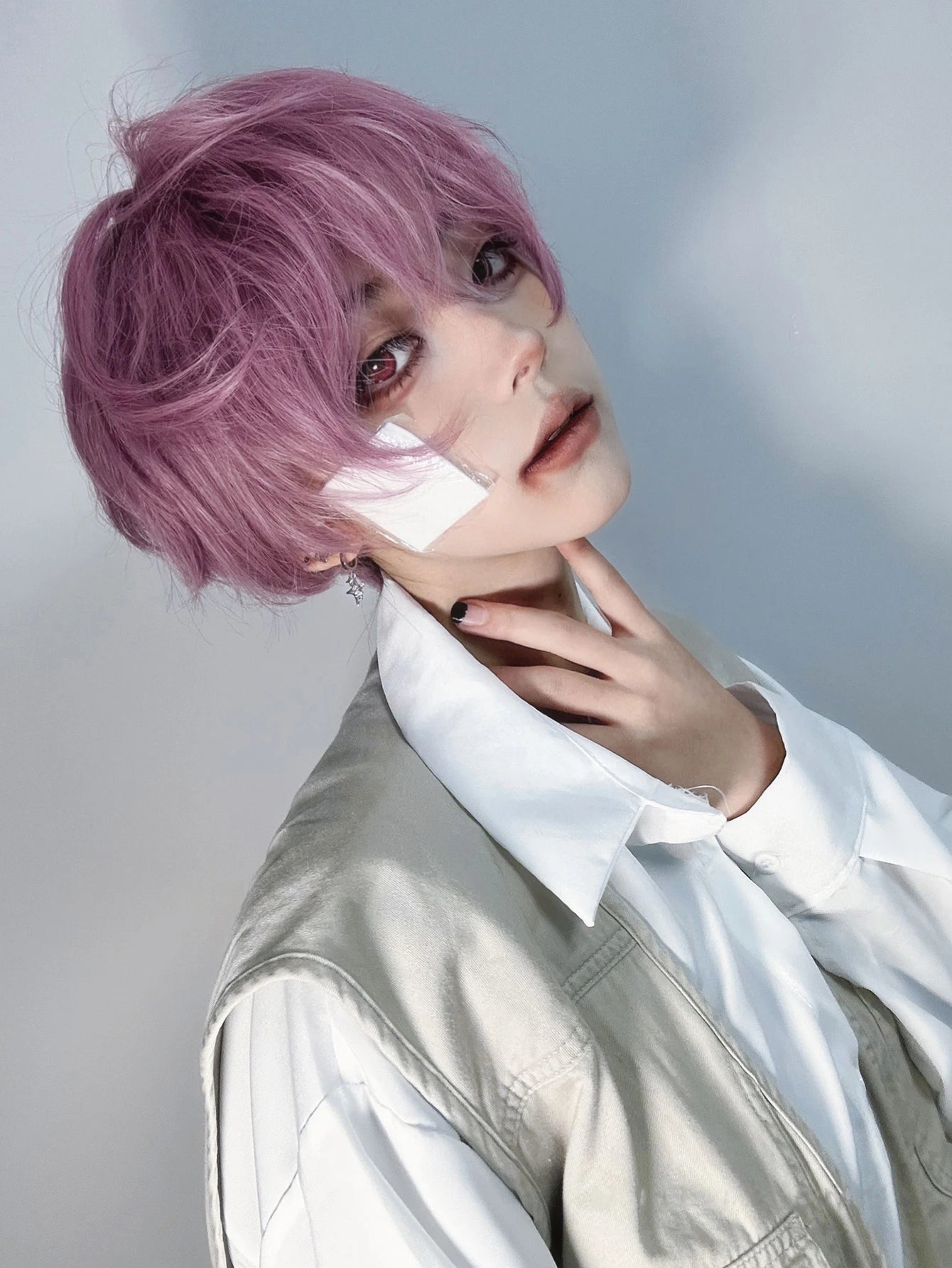 Ihomed 8Inch Purple Pink Color Handsome Synthetic Wigs With Bang Short Straight Hair Wig For Man or Women Daily Cosplay Heat Resistant