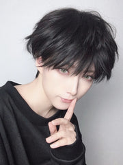 Ihomed 10Inch Black Color Handsome Synthetic Wigs With Bang Short Straight Hair Wig For Men Women Daily Cosplay Party Heat Resistant